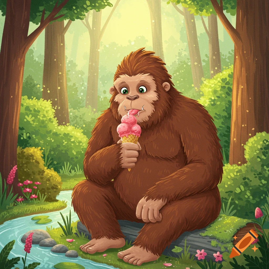 A cartoon Bigfoot sits on a log in a forest, happily eating a pink ice cream cone.