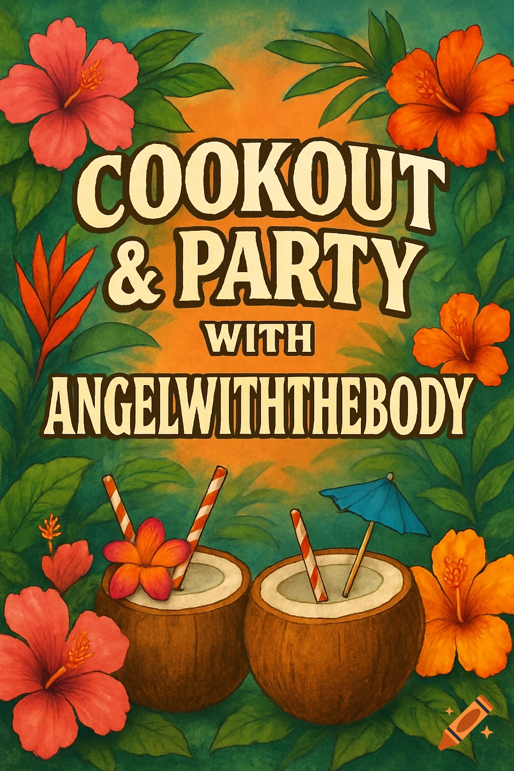 A retro-style poster for a "Cookout & Party with ANGELWITHTHEBODY" event, featuring vibrant tropical flowers and two coconut drinks with straws.