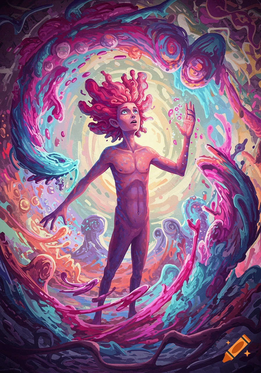 A person with coral-like pink hair stands in a vibrant, swirling, abstract world of blues, pinks, and purples, looking up with one hand raised.