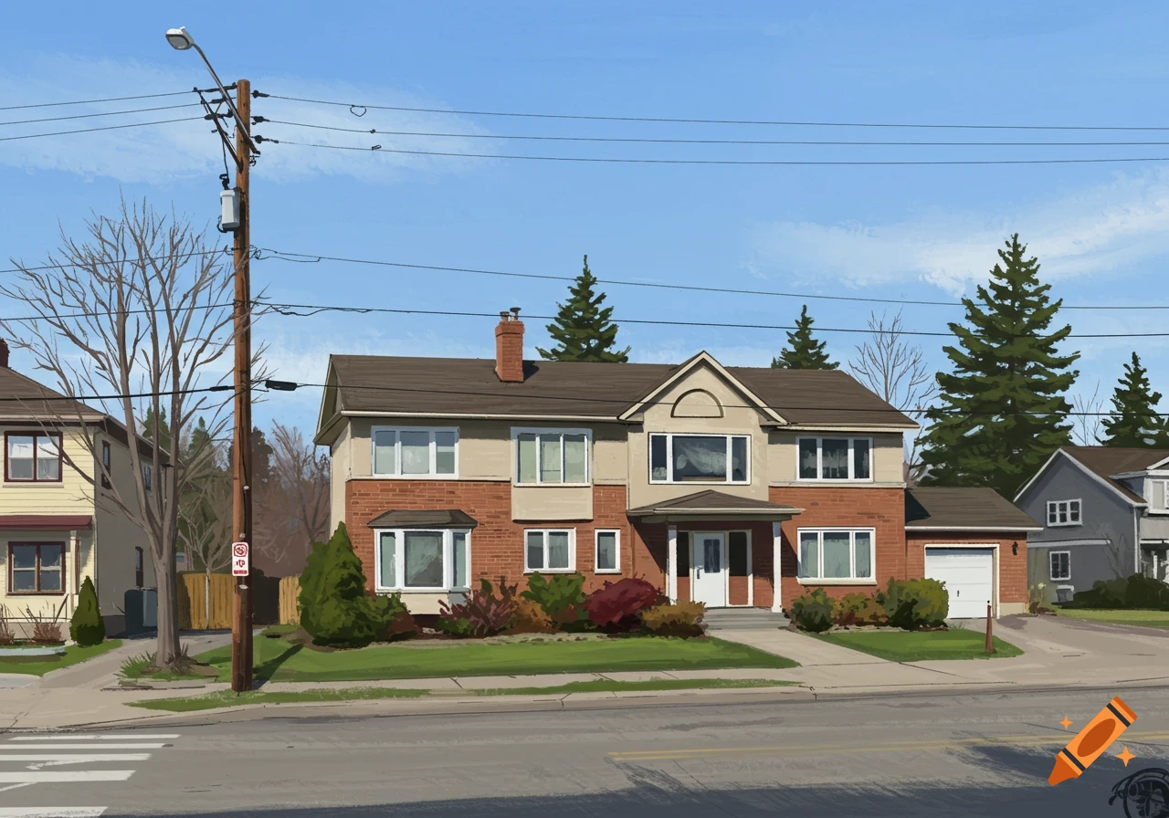A digital painting of a suburban street view featuring a large brick house, utility pole, trees, and sidewalk under a clear blue sky.