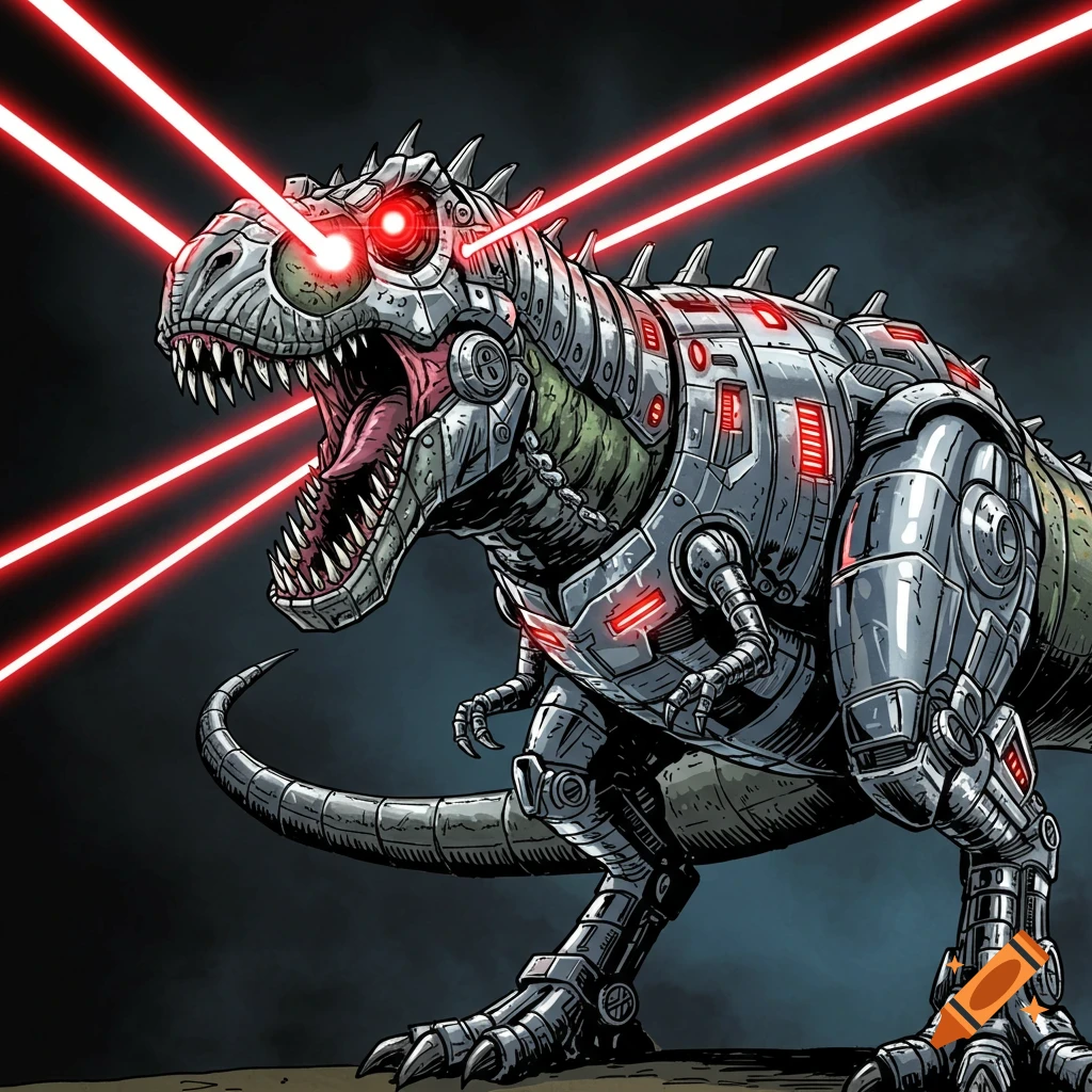 A comic book style illustration of a cyborg T-Rex with glowing red eyes shooting red laser beams.