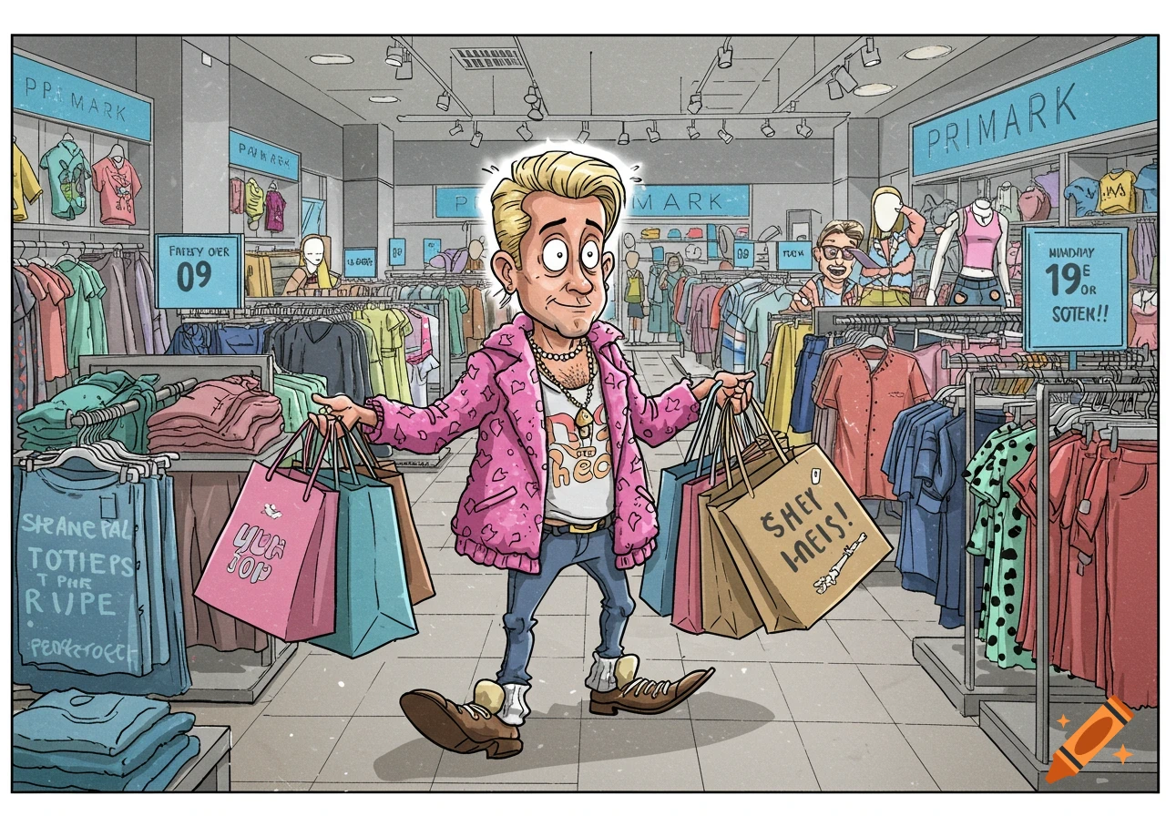 A cartoon illustration of a man in a pink jacket, holding several shopping bags, standing in a clothing store filled with racks of clothes.
