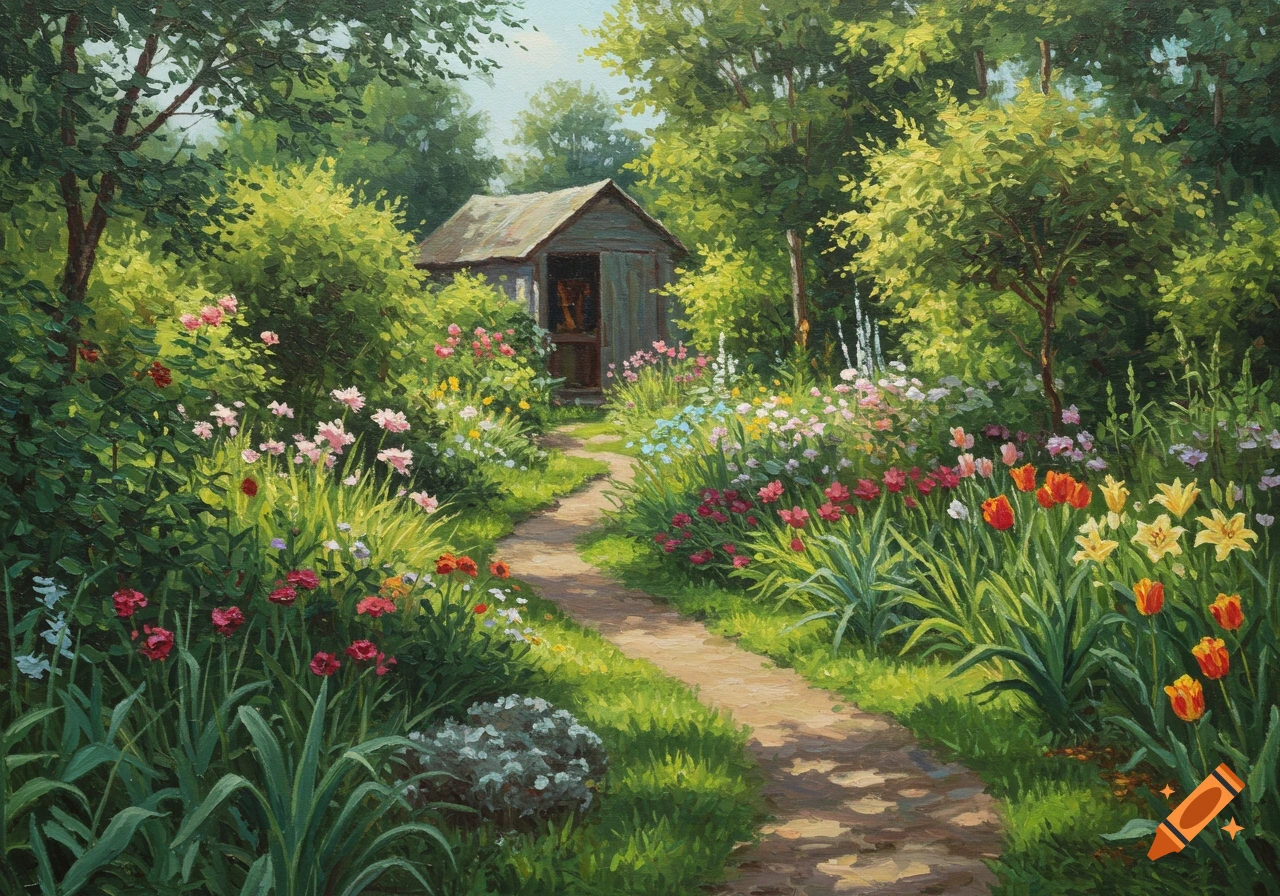 Vibrant oil painting of a lush garden with a winding path, colorful flowers, and a small wooden shed.