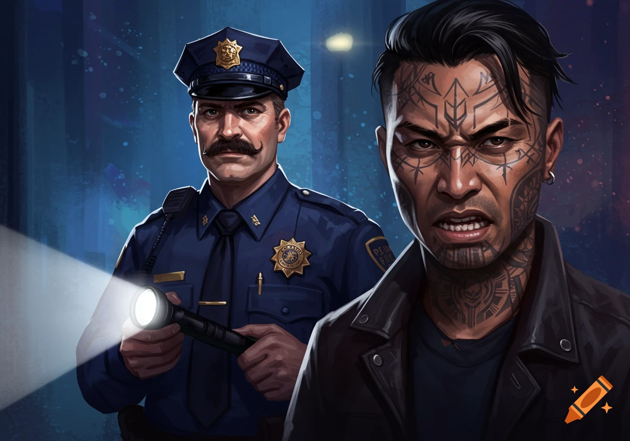 A stylized illustration of a stern-looking police officer holding a flashlight, standing behind a man with intricate face and neck tattoos, who looks angry.