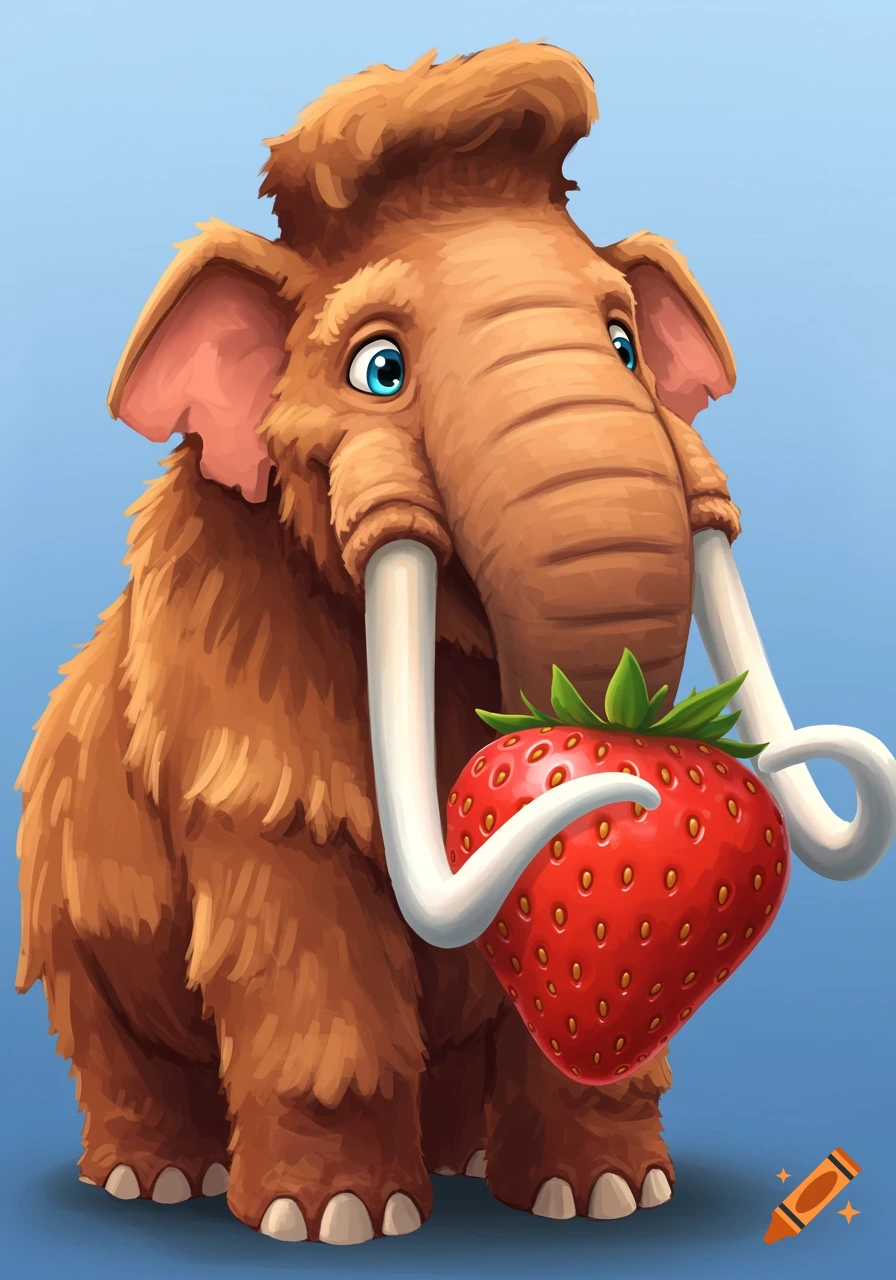 A cute cartoon woolly mammoth holds a large red strawberry with its tusks against a blue background.