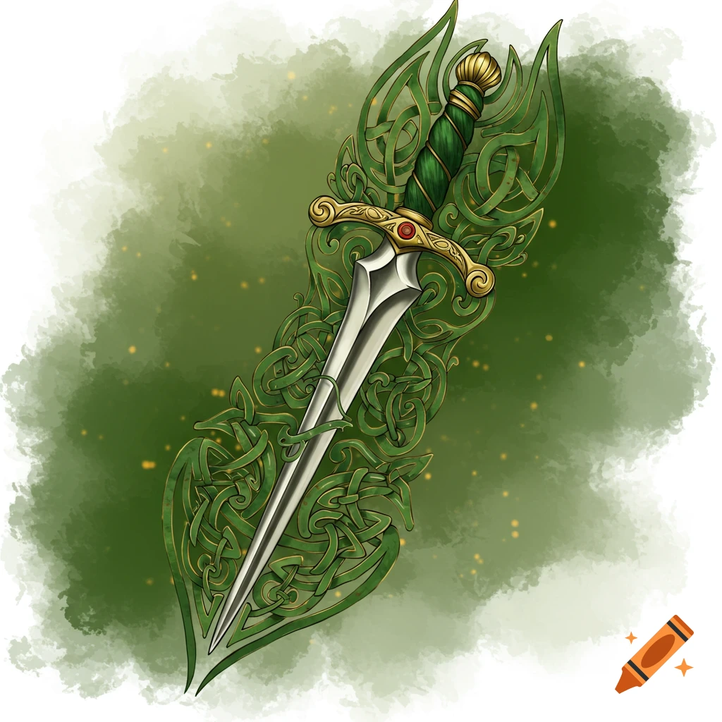 An elegant dagger with a green handle and gold hilt, enveloped by intricate green Celtic knotwork against a green watercolor background.
