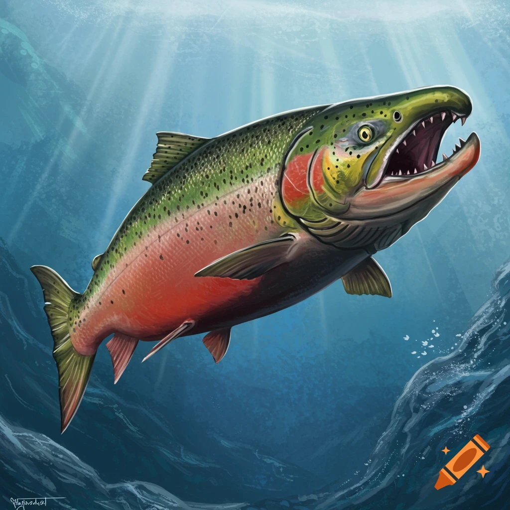 An aggressive salmon with an open mouth and sharp teeth swims underwater, light rays pierce the surface.