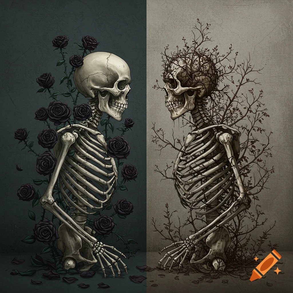 Two skeletons, one with black roses and one with dead branches, separated by a wall, in a gothic art style.