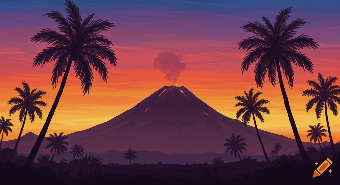 A stylized illustration of a tropical sunset with a smoking volcano in the distance, framed by silhouetted palm trees.