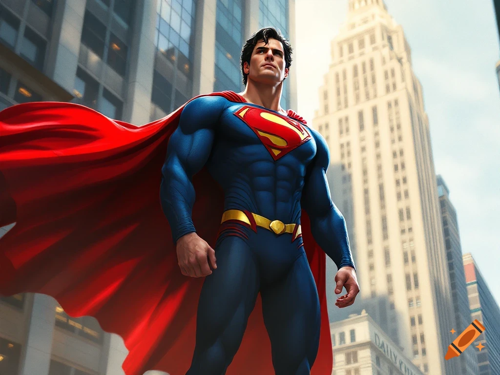 Superman stands heroically in his iconic blue suit and red cape, looking up, with city buildings in the background.