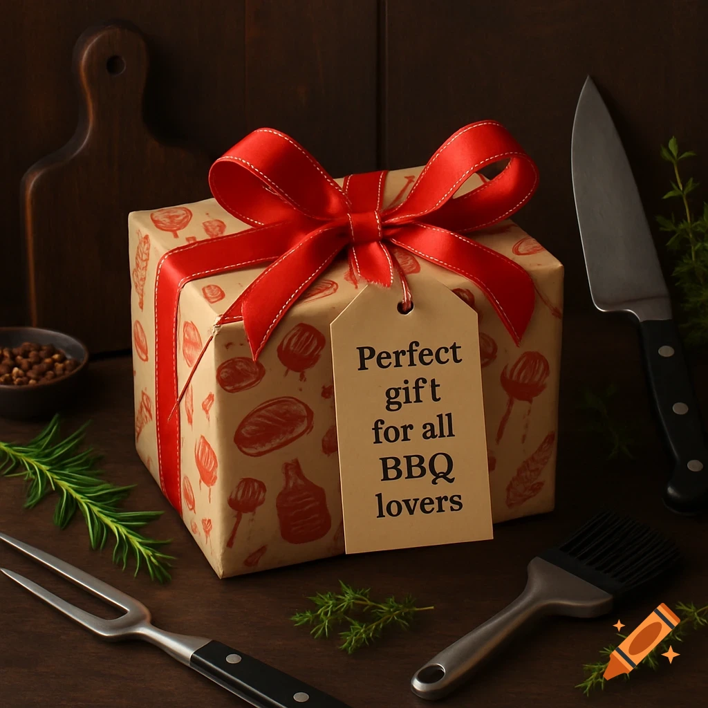 A gift box wrapped in brown paper with red illustrations and a large red bow. A tag reads "Perfect gift for all BBQ lovers." It's surrounded by kitchen tools like a knife, a meat fork, a basting brush, and fresh herbs, all on a dark wood background.