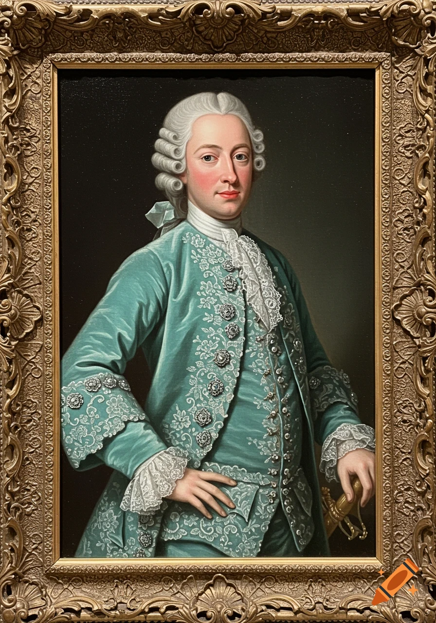 A painting of a man in a white wig and an elaborate aqua blue suit with white lace and silver trim, holding a sword hilt.