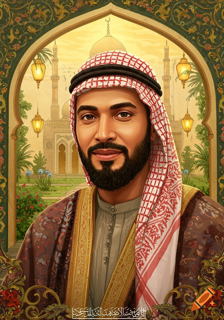 A portrait of a man with a beard and a keffiyeh in an ornate frame with a mosque and garden in the background.