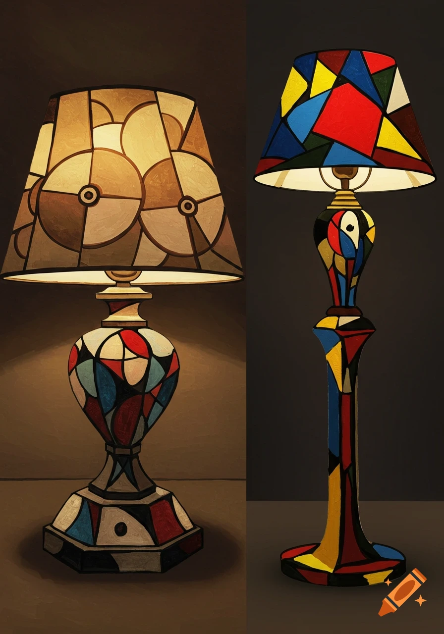 Two lamps, one table, one floor, in a colorful cubist or Picasso-esque art style.