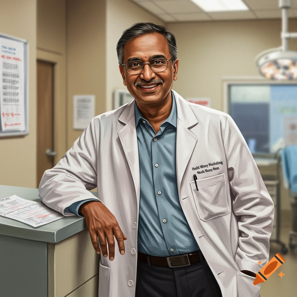 A smiling male doctor in a white lab coat and blue shirt leans on a counter in a hospital.