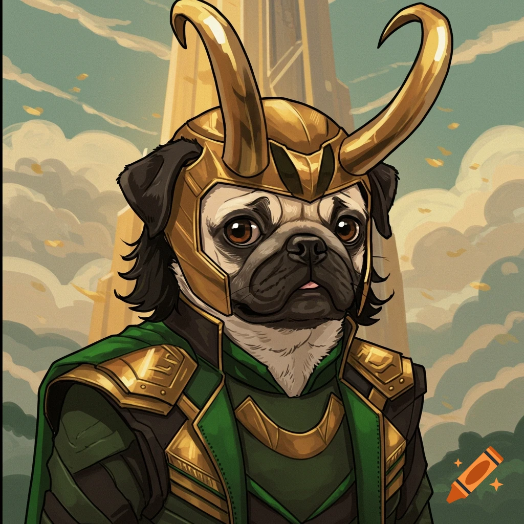 A cartoon pug dog wears Loki's golden horned helmet and green and gold armor, set against a cloudy, dramatic sky.