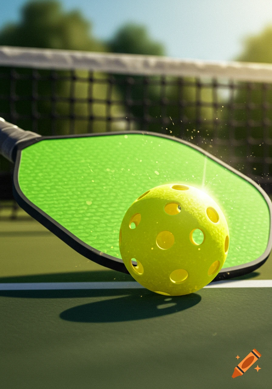 A vibrant green pickleball paddle and a yellow ball on a court with a net in the background, bathed in sunlight.
