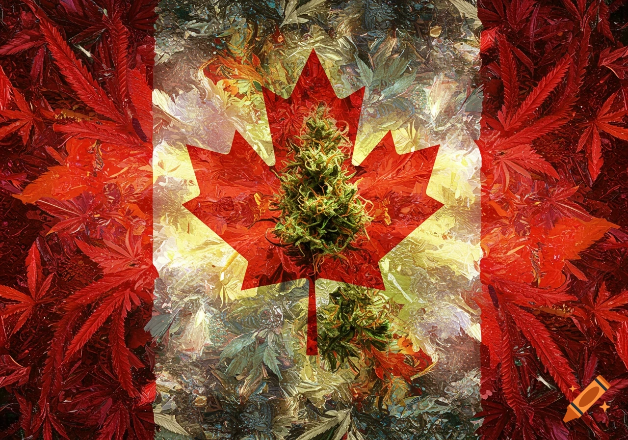 A stylized image of a Canadian flag with a large cannabis bud at its center, set against a background of red and green cannabis leaves.