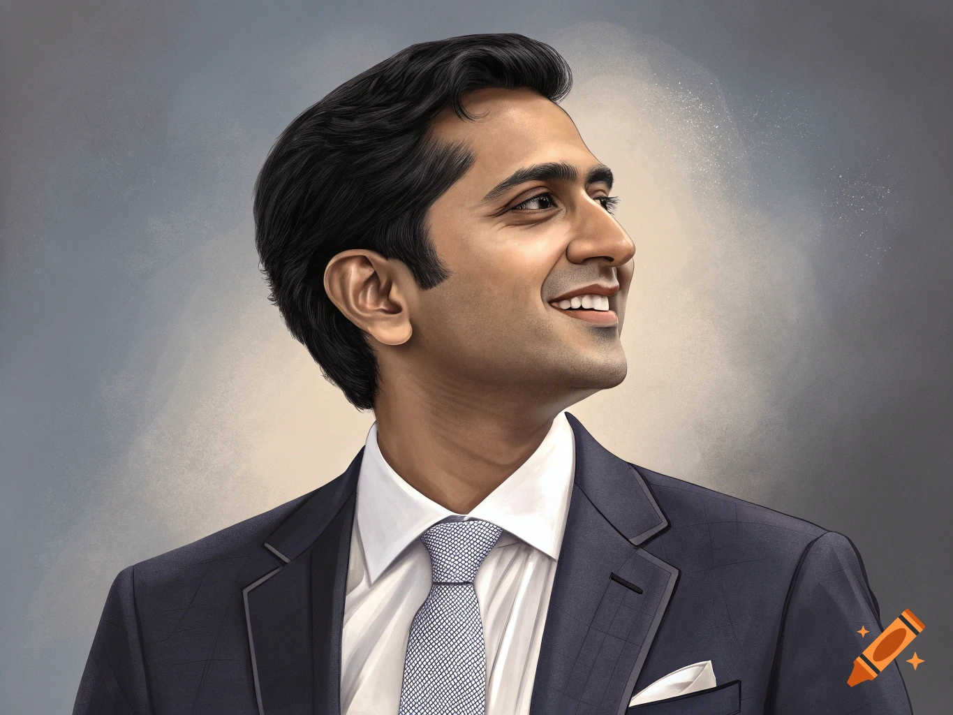 Digital painting of a smiling man in a dark suit and patterned tie, looking upward to the right against a gray background.