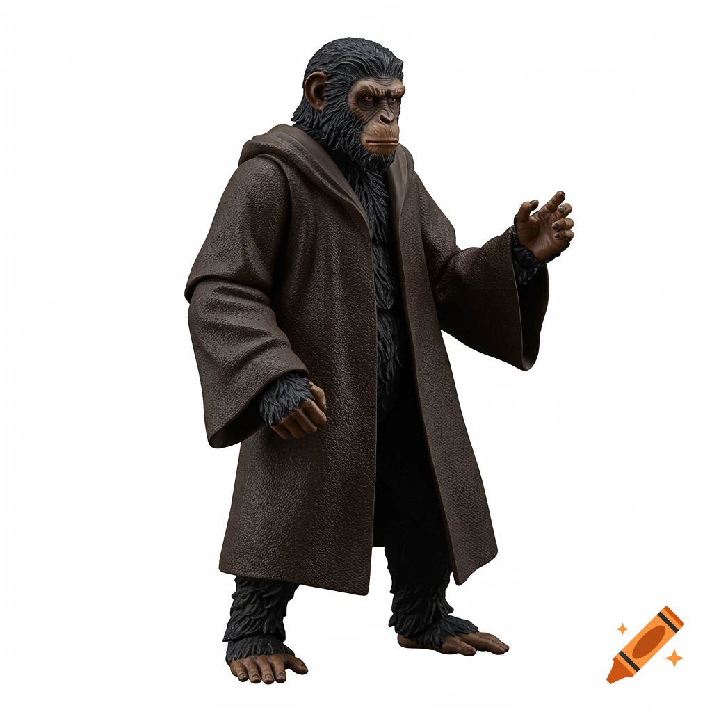 Photorealistic action figure of a dark-furred ape in a brown hooded robe, standing with one hand raised on a white background.