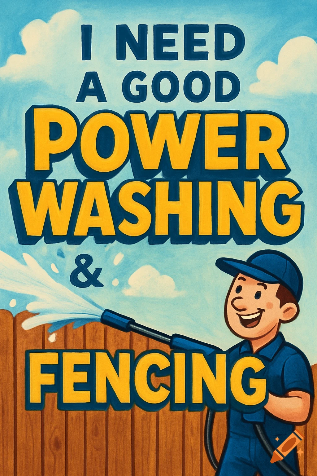 A vibrant cartoon poster with a smiling man power washing a fence, featuring the text 'I NEED A GOOD POWER WASHING & FENCING'.