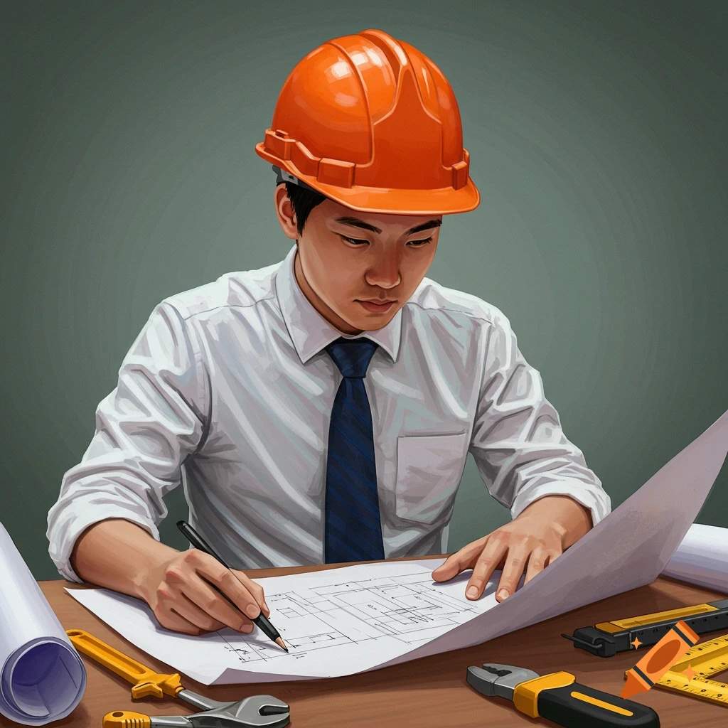 An Asian male engineer in an orange hard hat and white shirt, drawing on blueprints at a wooden desk with various tools.