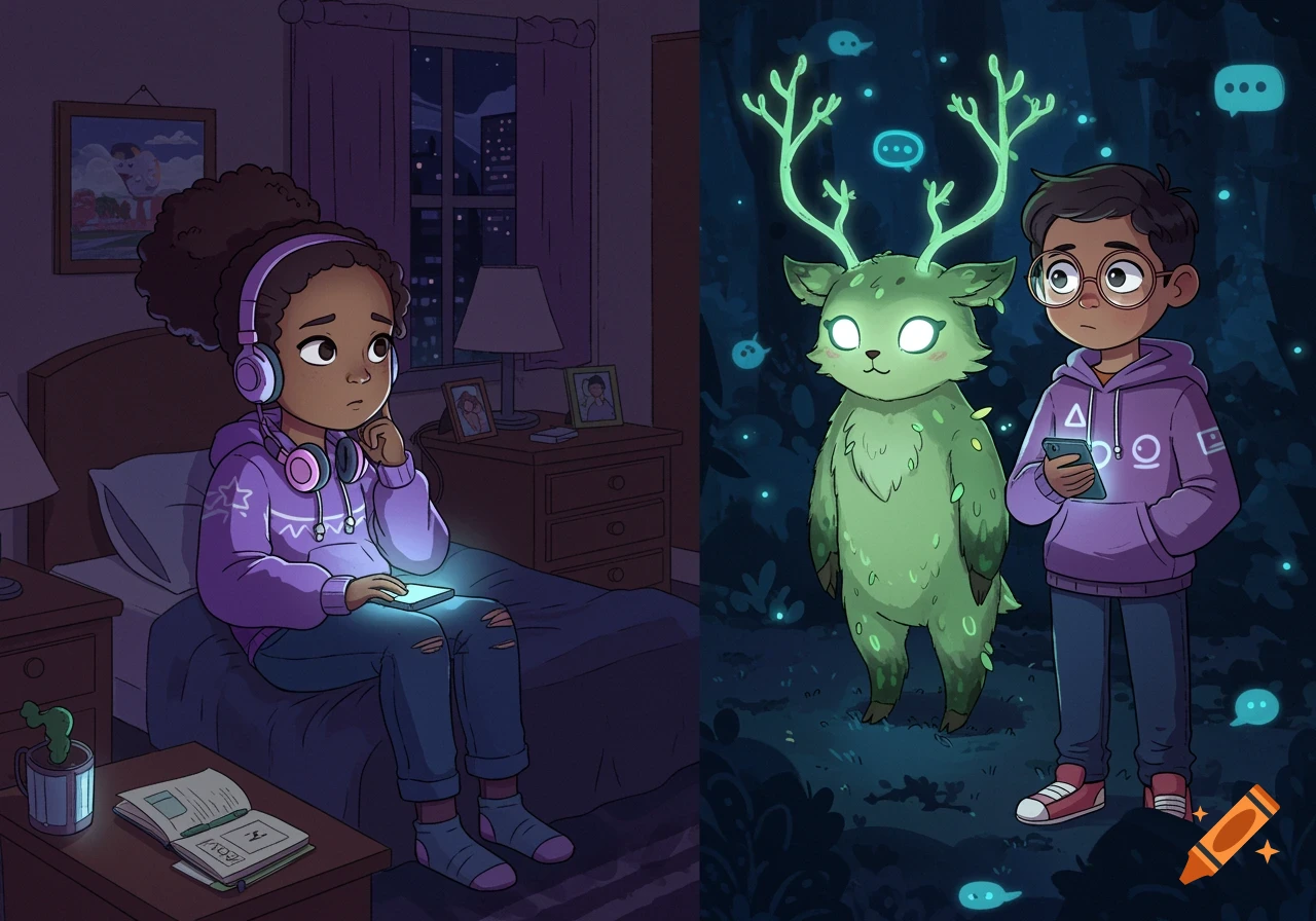 A split image shows a thoughtful girl on her bed looking at a glowing phone, and a boy with glasses next to a glowing green forest spirit in a dark, magical forest.