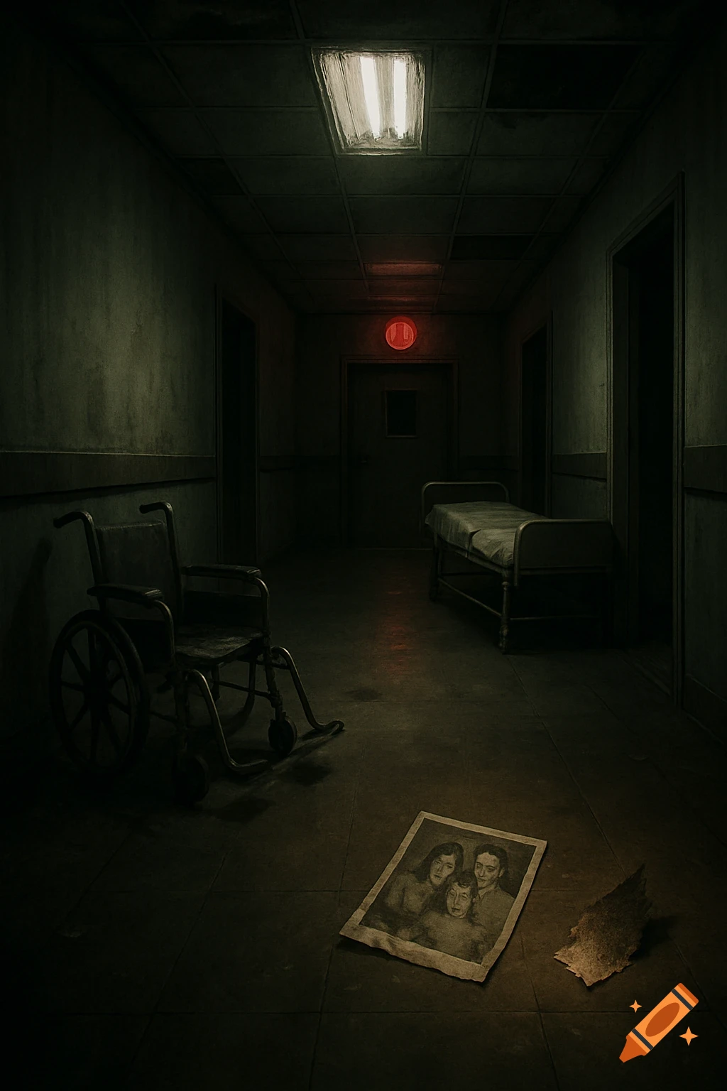 A dark, eerie hospital hallway with an old wheelchair, an empty bed, a red light, and a torn family photo on the floor.