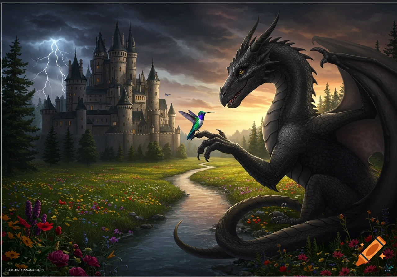 A black dragon holds a hummingbird on its claw in a vibrant flower meadow with a creek, a medieval castle under a stormy sky in the background with a sunset on the other side.