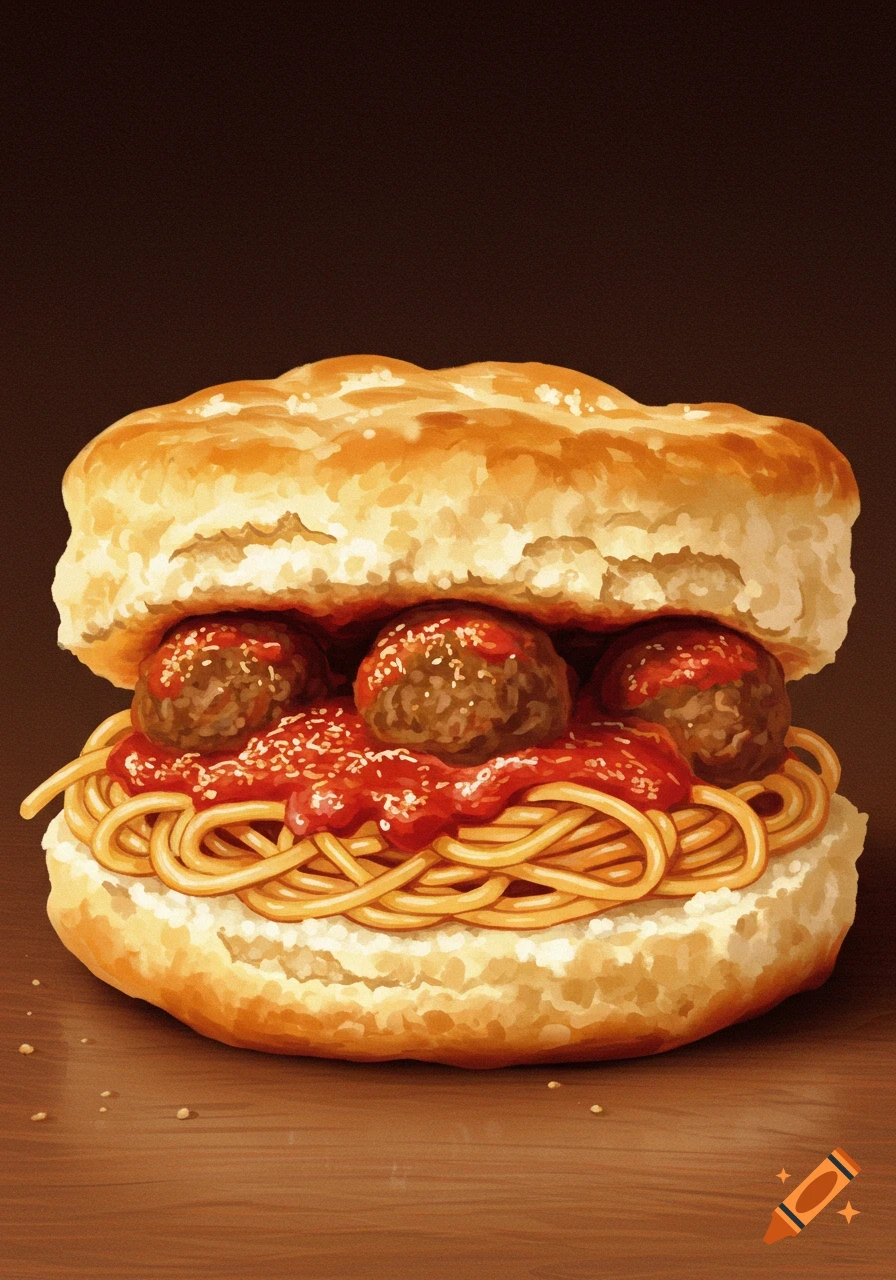 A spaghetti and meatball sandwich with three meatballs and marinara sauce inside a golden-brown biscuit, on a wooden surface.