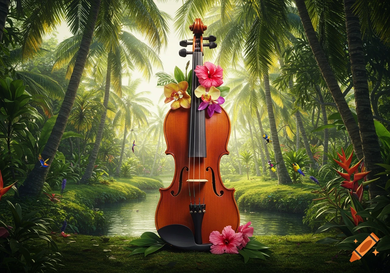 A photorealistic violin adorned with colorful tropical flowers stands in a lush jungle with a stream.