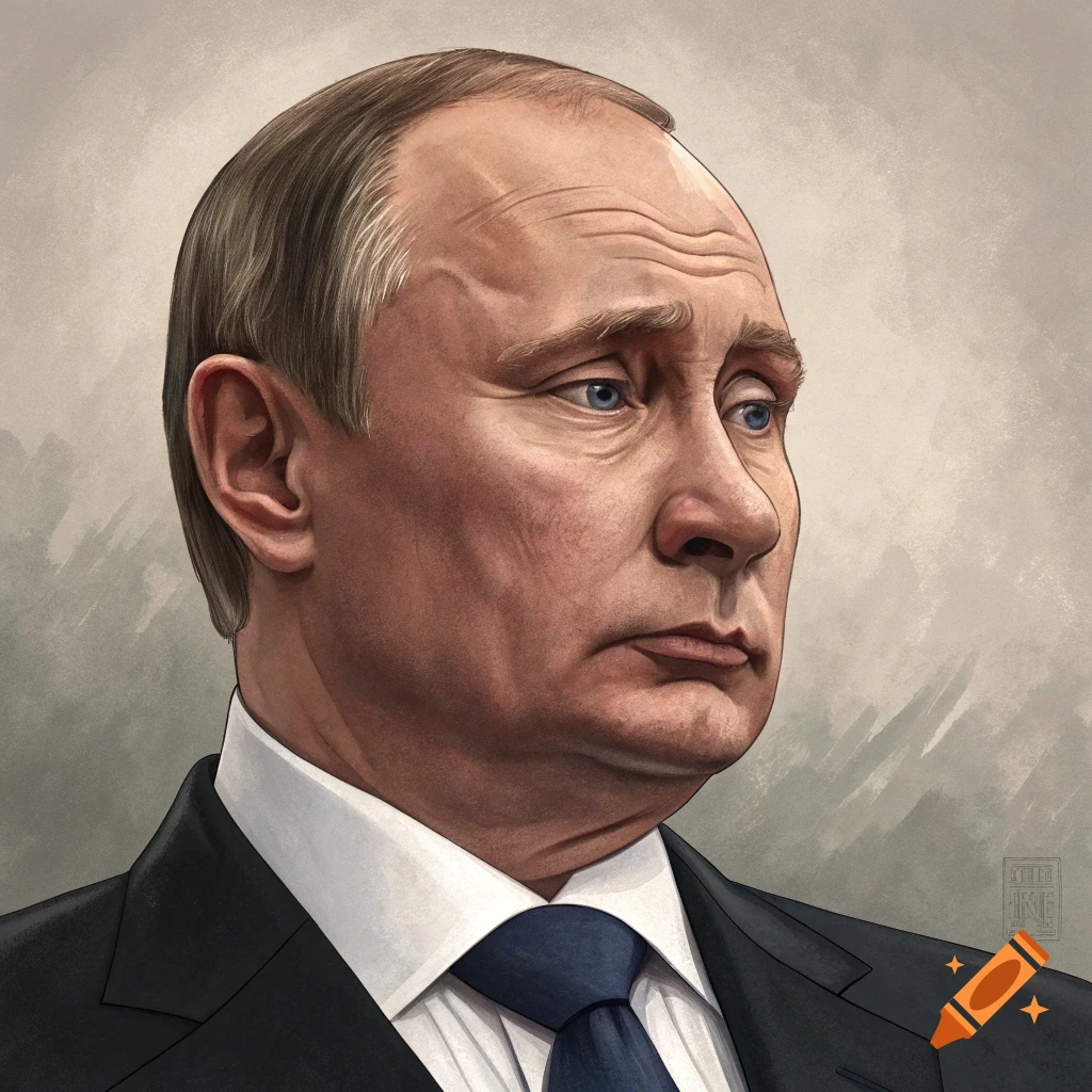 Illustration portrait of Vladimir Putin with a slight double chin, looking right.
