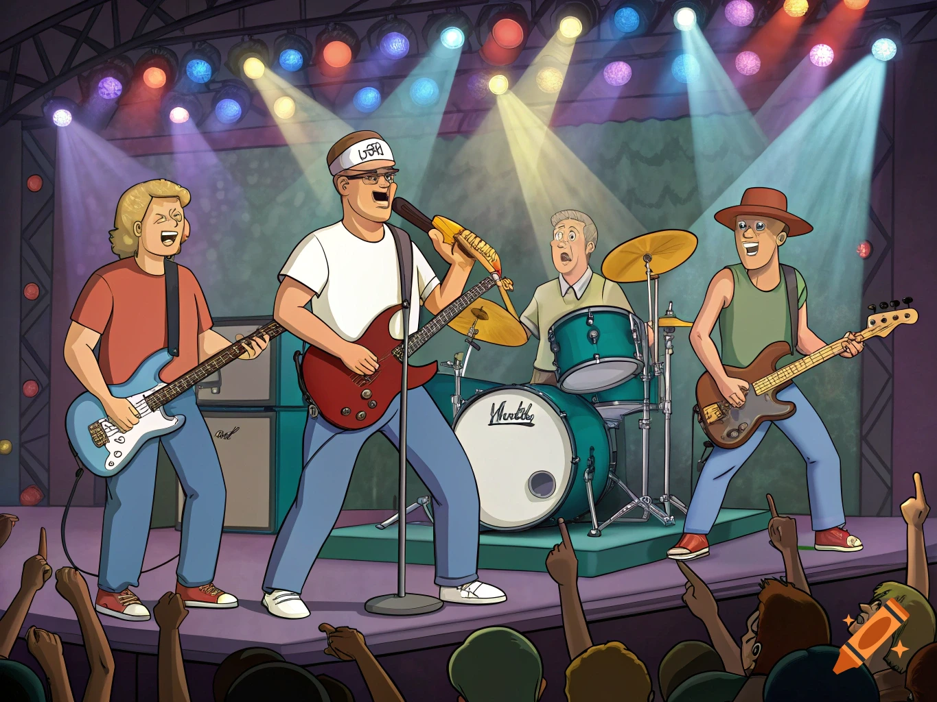 Cartoon characters resembling the King of the Hill cast play instruments on a brightly lit stage in front of a cheering crowd.