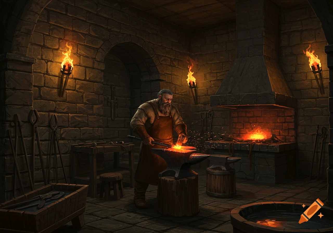 A bearded blacksmith in an apron hammers glowing metal on an anvil in a stone-walled forge lit by torches.