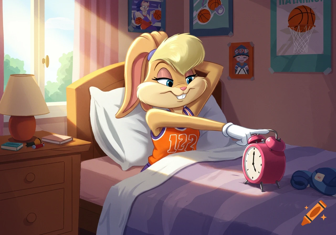 Lola Bunny from Looney Tunes wakes up in her bed, stretching and reaching to press the snooze button on a pink alarm clock.