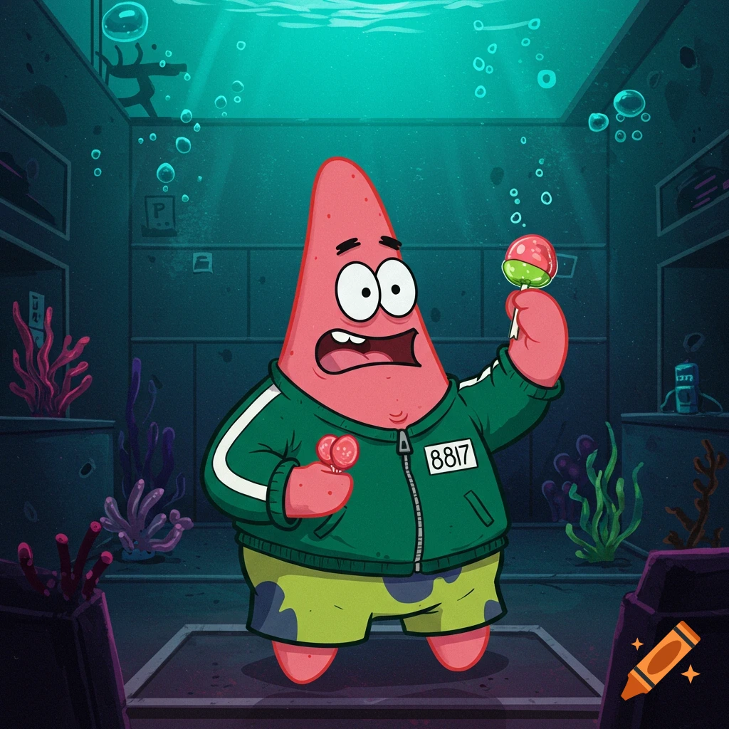 Patrick Star from SpongeBob SquarePants dressed in a green Squid Game tracksuit, holding lollipops, underwater.