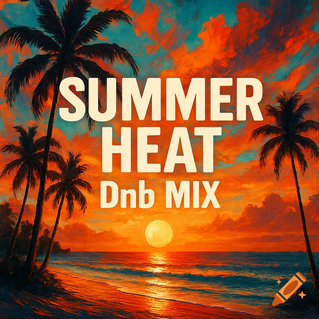 A tropical beach sunset with palm trees and the text 'SUMMER HEAT Dnb MIX'.