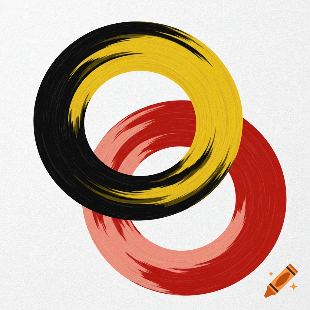 An abstract image showing two interlocked rings on a white background. The top ring is yellow with black brushstrokes, and the bottom ring is red with lighter red brushstrokes.