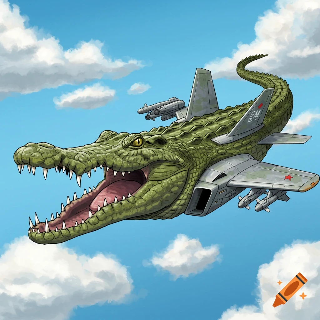 A cartoon illustration of a green crocodile with its mouth open, designed as a fighter jet, flying in a blue sky with clouds.