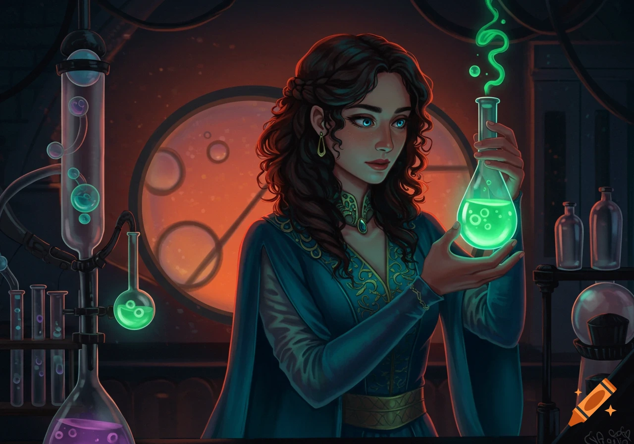 A woman in a laboratory holds a glowing green flask, surrounded by beakers and tubes. Digital art.
