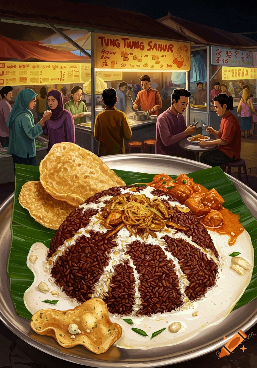 An illustrative painting of a bustling night market scene with a close-up of a large dish of rice and chicken curry on a banana leaf in the foreground.