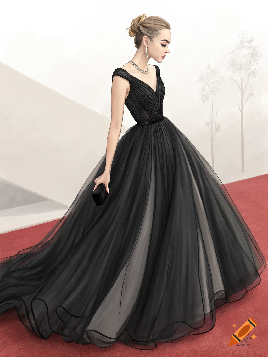 An illustration of a woman in a long black ball gown with a low neckline and a clutch, walking on a red carpet.