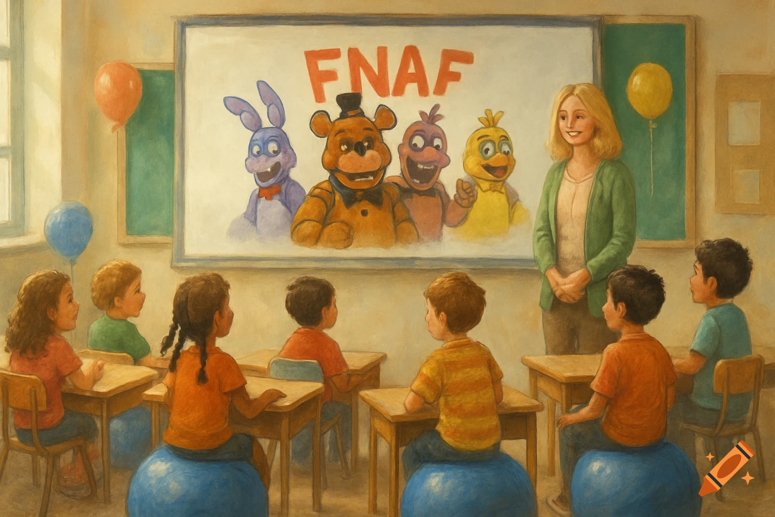 A classroom scene with a teacher and students watching FNAF characters on a whiteboard. Students sit at desks, some on blue exercise balls, in a painted style.