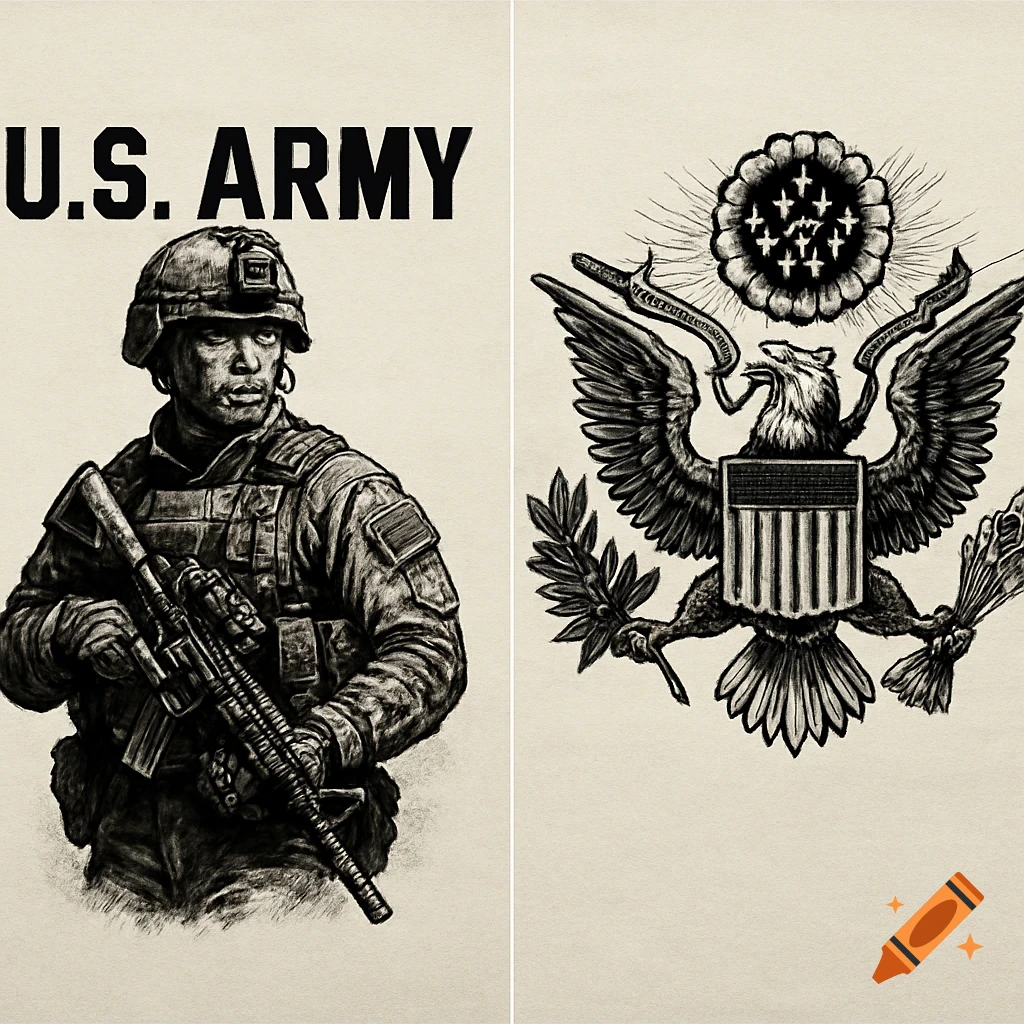 Black and white illustration of a U.S. Army soldier with a rifle and the U.S. national emblem.