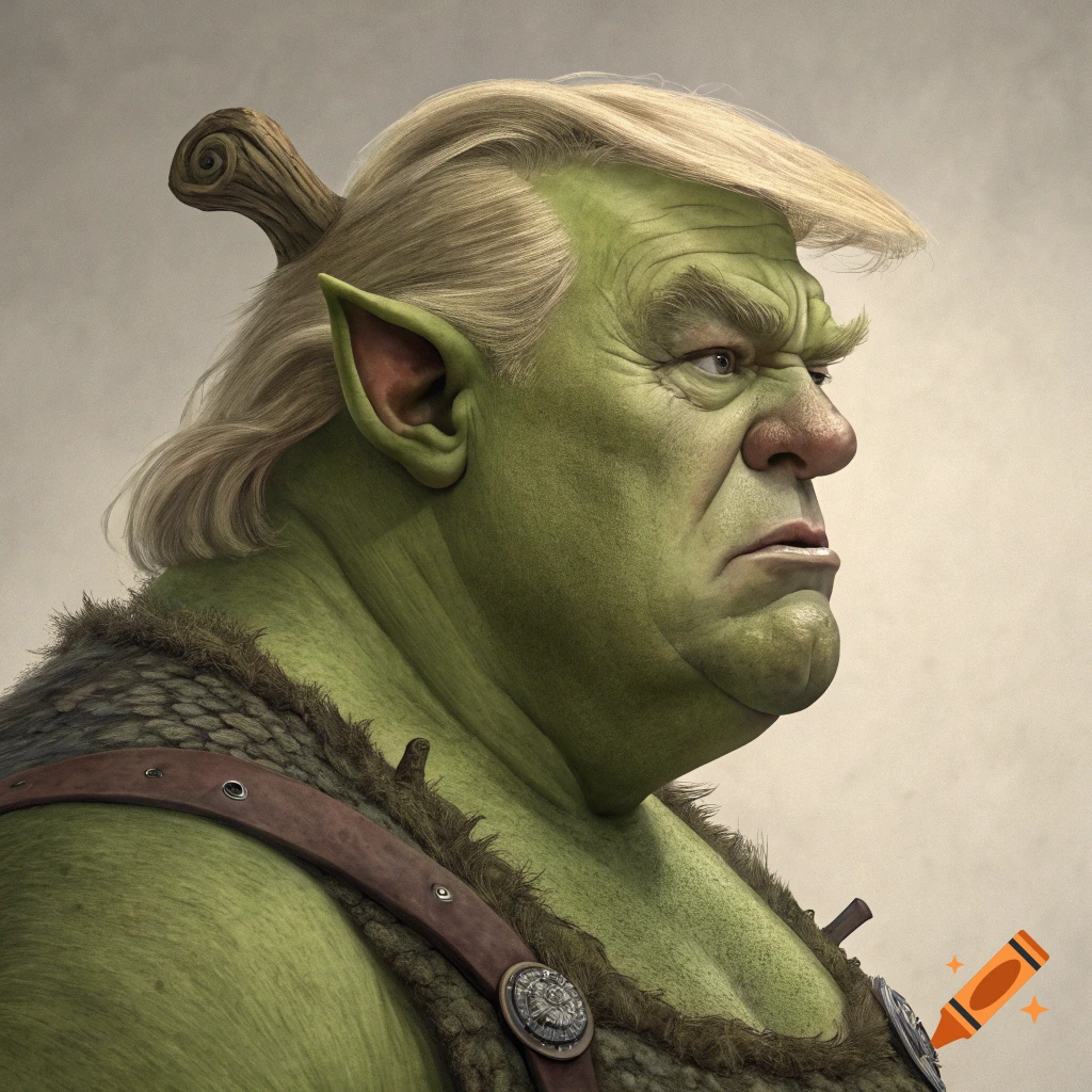 Detailed portrait of a green-skinned ogre with blonde hair resembling Donald Trump, wearing a rustic outfit.