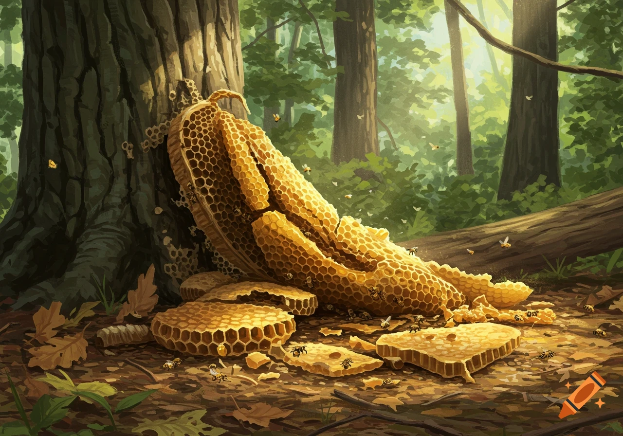 A large broken beehive with honeycomb scattered on the forest floor, surrounded by bees and trees.