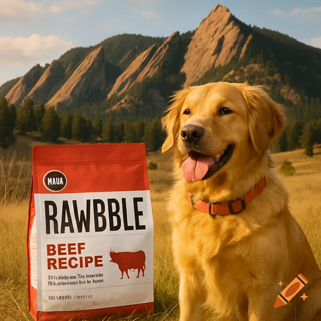 A golden retriever dog sits next to a bag of dog food in a grassy field with the Flatiron Mountains in the background.