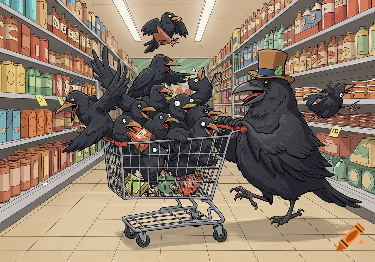 A large raven in a top hat pushes a shopping cart full of smaller crows through a supermarket aisle, in a comic book style.