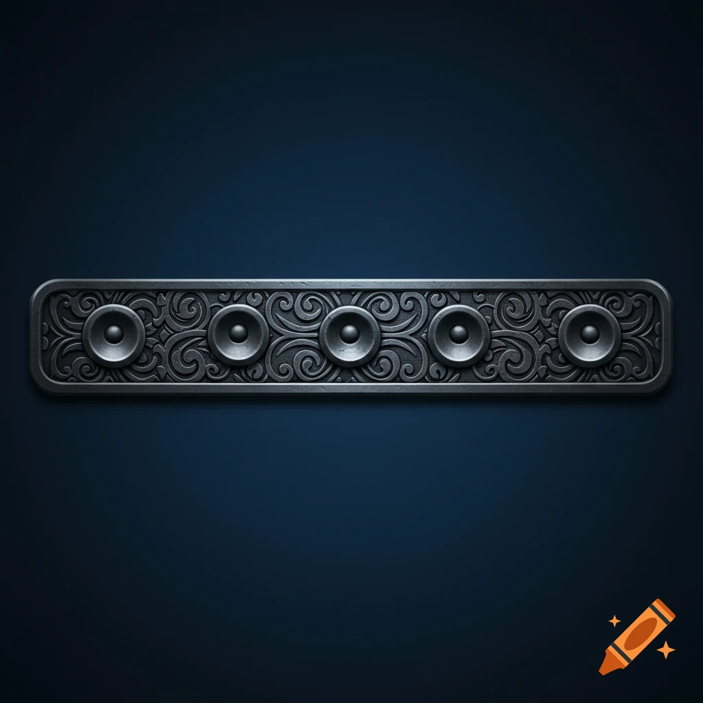 Horizontal dark metallic bar with tribal engravings and five circular speaker-like elements on a dark blue background.