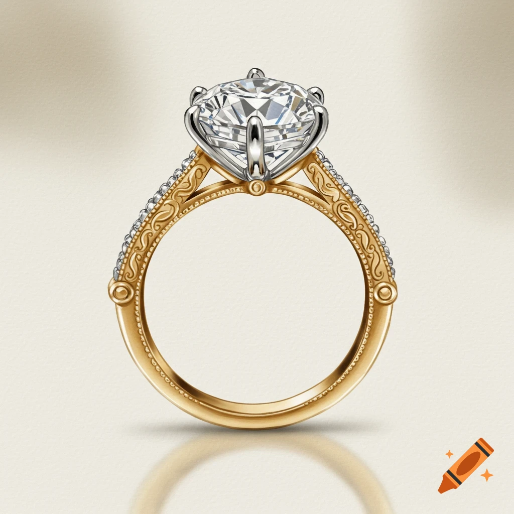 Close-up of a detailed diamond engagement ring with a large central diamond and an ornate gold band.